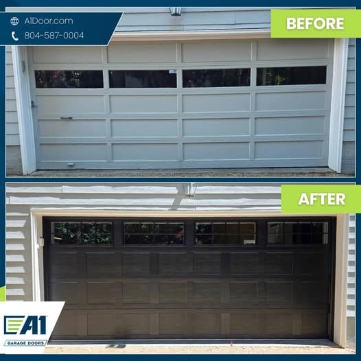 old garage door replaced with modern dark style door