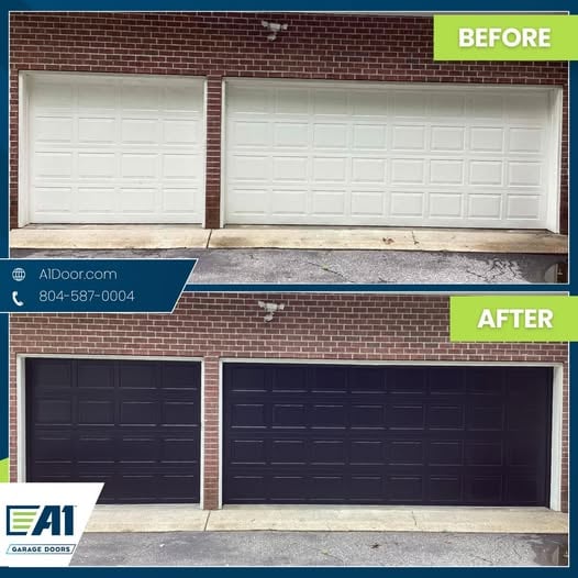 A1 Door Co recently replaced these outdated doors with two beautiful Raynor BuildMark 2000, black garage doors, giving this home a bold, modern look and an instant boost in curb appeal.